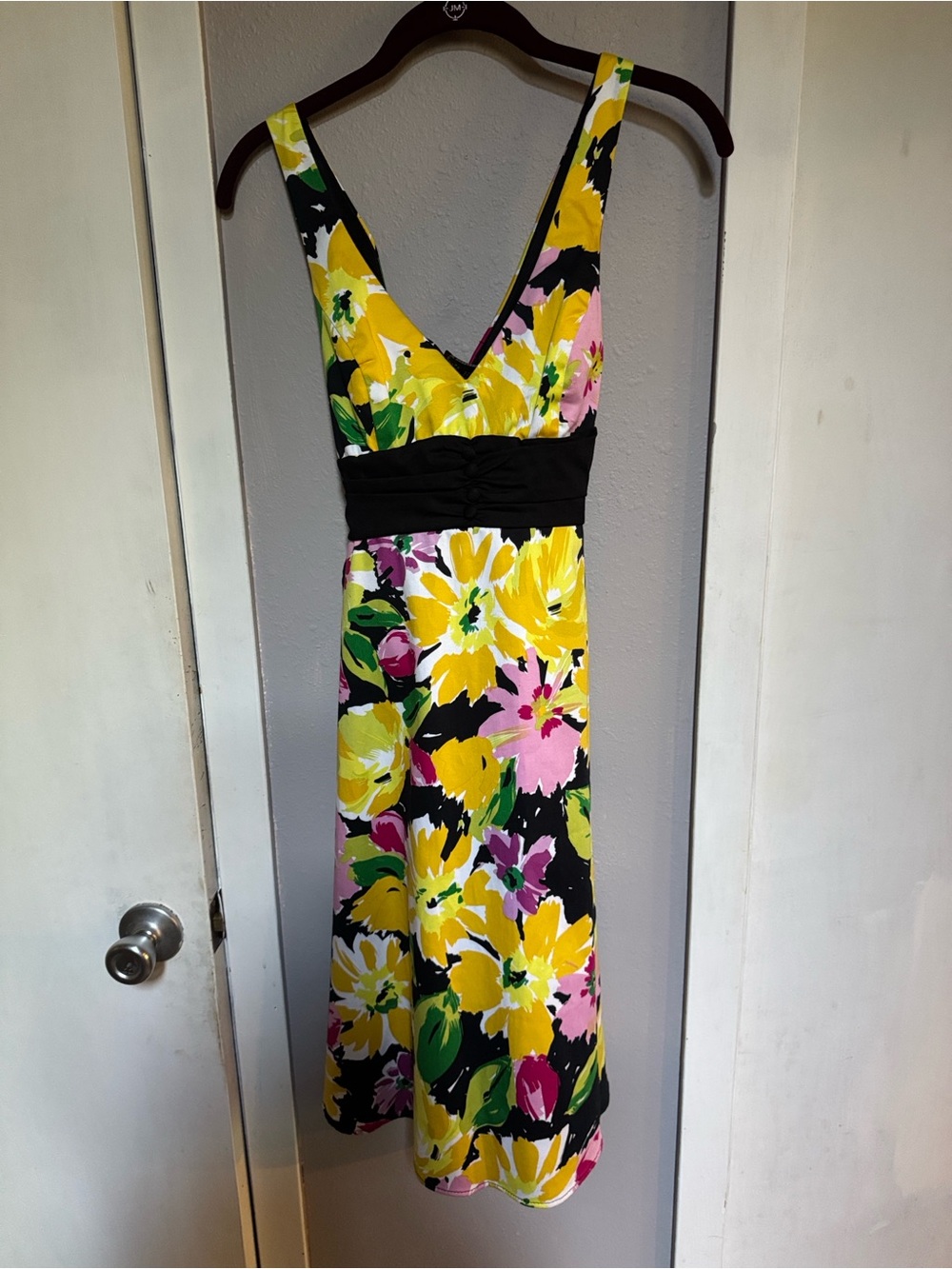 B. Smart Black Floral V-Neck Sundress with Yellow & Pink Blooms